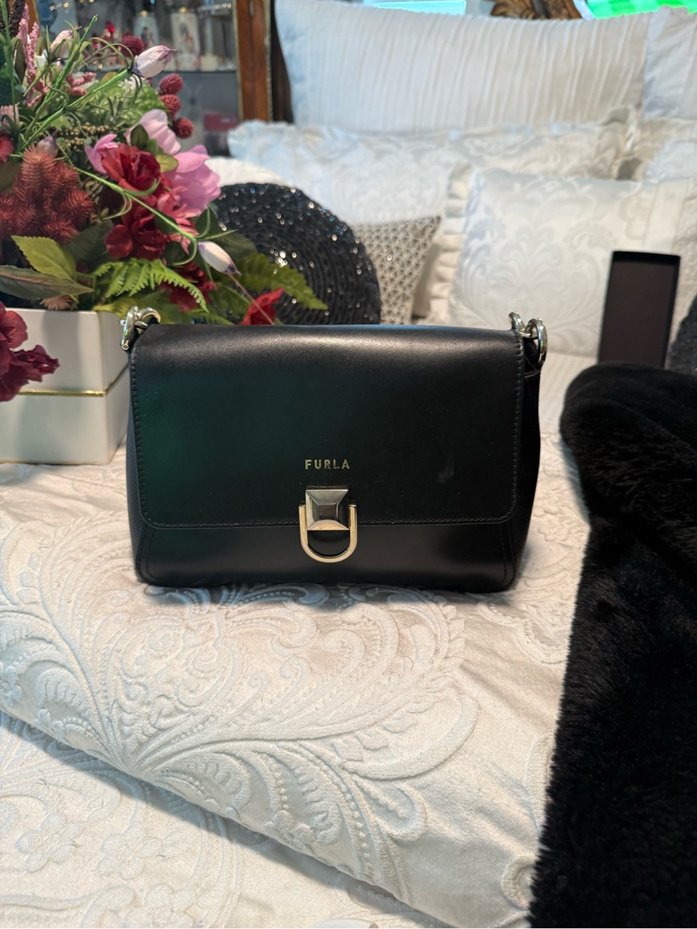 Furla Black Leather Crossbody with Gold Buckle